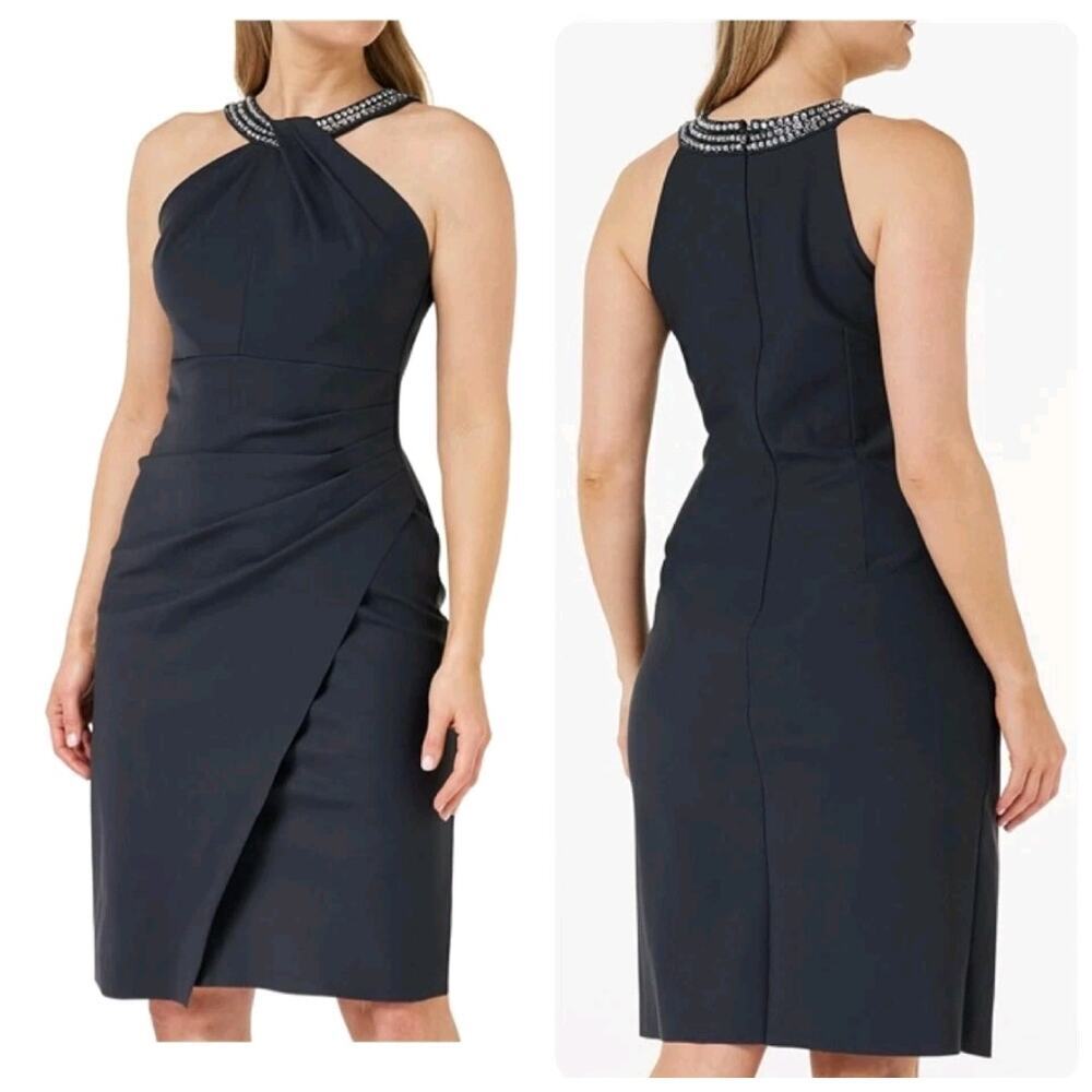 Alex Evenings Women's Short Sheath Slimming Stretch Halter Neck Dress sz 10 gray